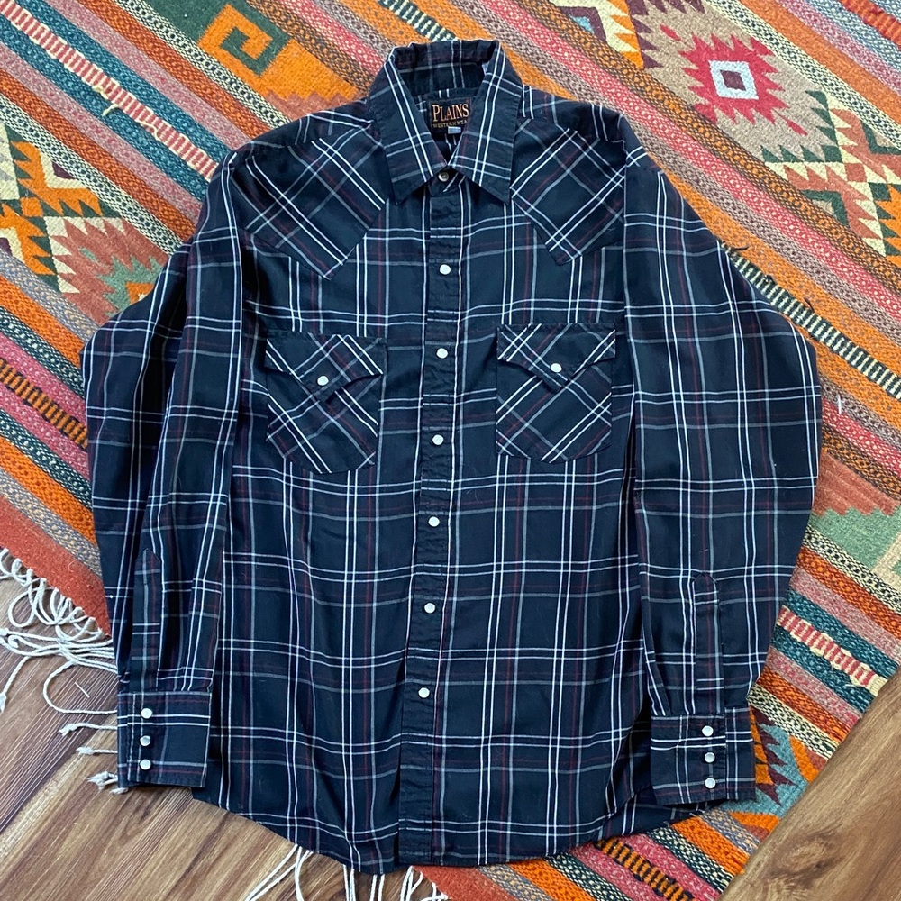 Plains 90s Western Wear Black Plaid Men's Shirt